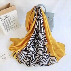 Elegant Yellow and Black Patterned silk Scarf